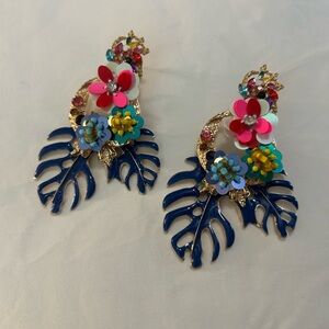 Floral Statement Earrings with Blue and Gold Accents